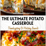 Golden baked loaded mashed potato casserole topped with melted cheese, bacon, and chives in a pan.